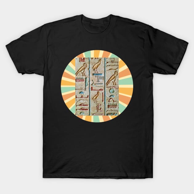 Retro Vintage Sunset With Egyptian Hieroglyphics Stone T-Shirt by ShirtCraftsandMore